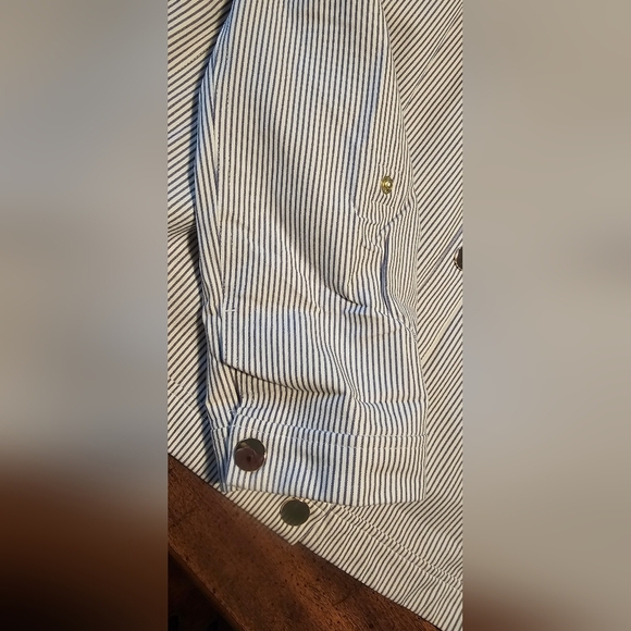 Chico’s Blue & White Striped Indigo Snap Front Jacket Roll Tab Sleeves, SZ 3 NWT - Picture 12 of 16